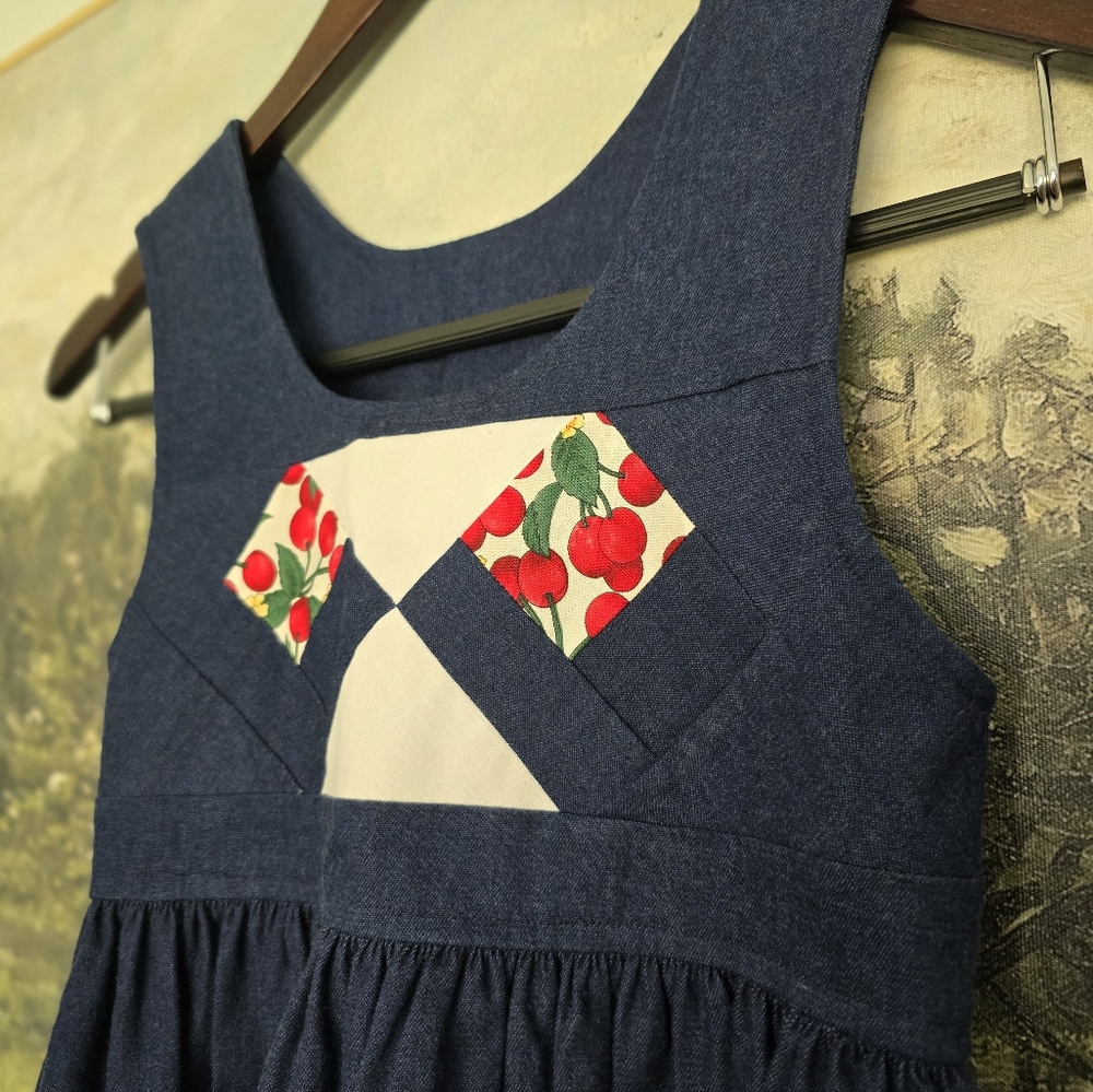 Quilted Handmade Cherry Navy Dress Girls - Picture 3 of 7